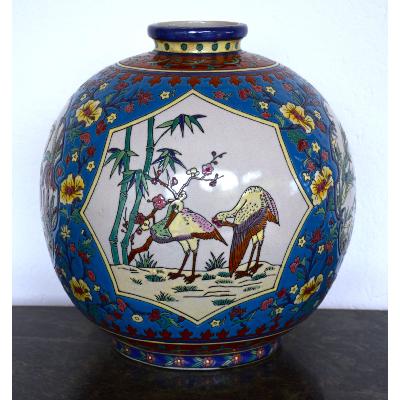 Rare vase boule en émaux de la Louvière XIXe